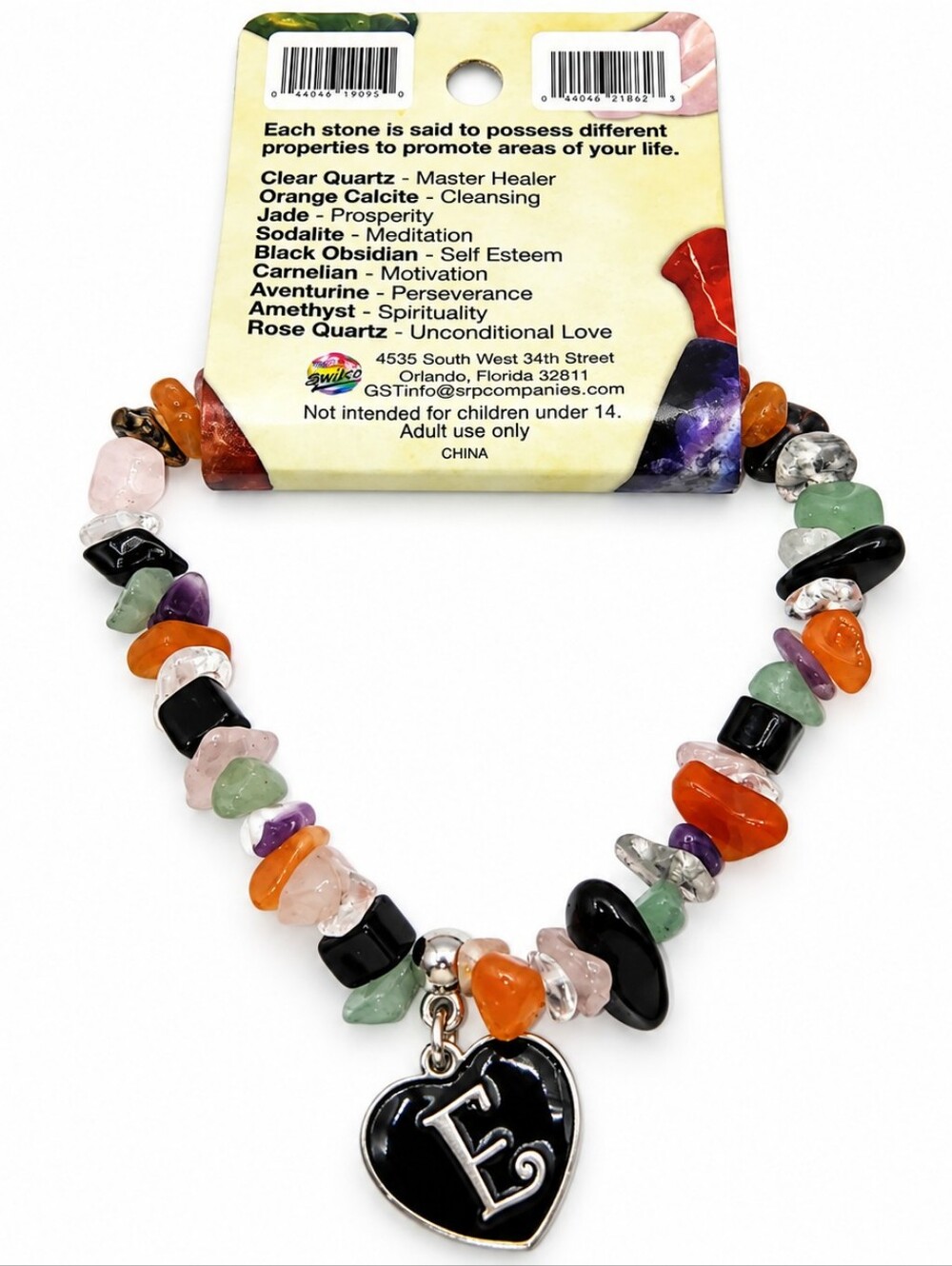 Multicolor Genuine Stone Chip Stretch Bracelet with Black Heart “E” Charm